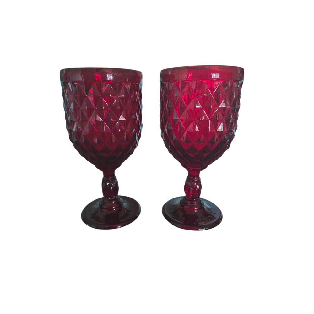Vintage Ruby Red Diamond Point Glass Goblets Set of 2